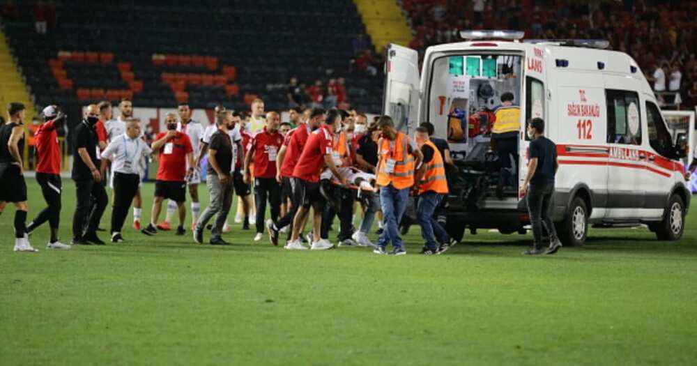 Fabrice N'Sakala, who fell ill and fell to the ground, was taken to the hospital by an ambulance that entered the field during the Turkish Super Lig soccer match at Kalyon Stadium. (Photo by Mehmet Akif Parlak/Anadolu Agency via Getty Images)