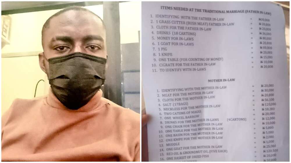 Nigerians react as man shares traditional marriage list of N1.1m received from in-laws