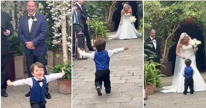 Wedding gown, 2-year-old boy hugs mother, wedding day