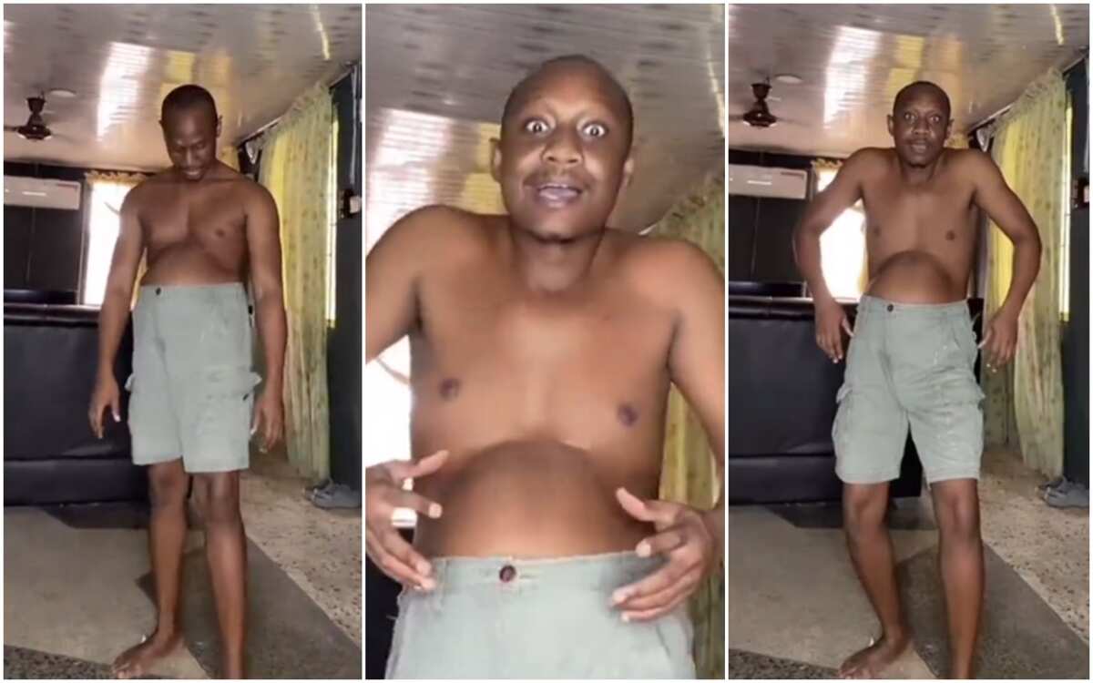 He is pregnant: Shirtless man in gray shorts uses big belly to do sweet, funny dance, stunning video goes viral