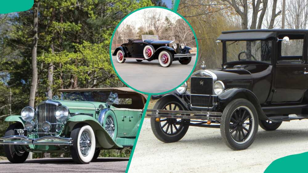 1920s cars: Duesenberg Model J (L), Rolls-Royce Phantom 1 (C), and Ford Model T (L)