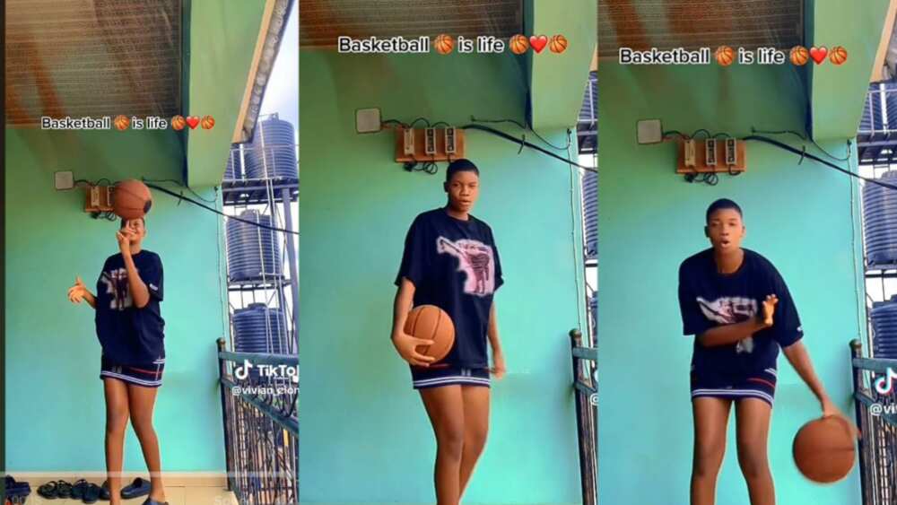 Young lady plays basket ball and shakes waists