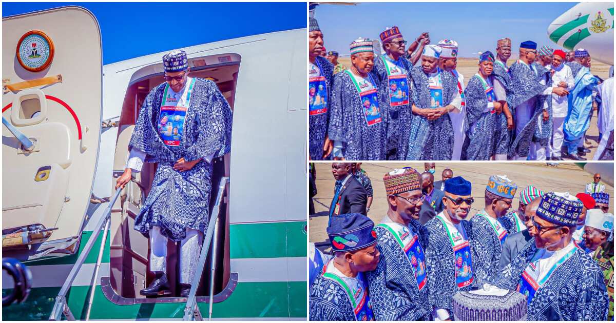 Just in: Tight security as Buhari lands in Jos for Tinubu/Shettima campaign kick-off