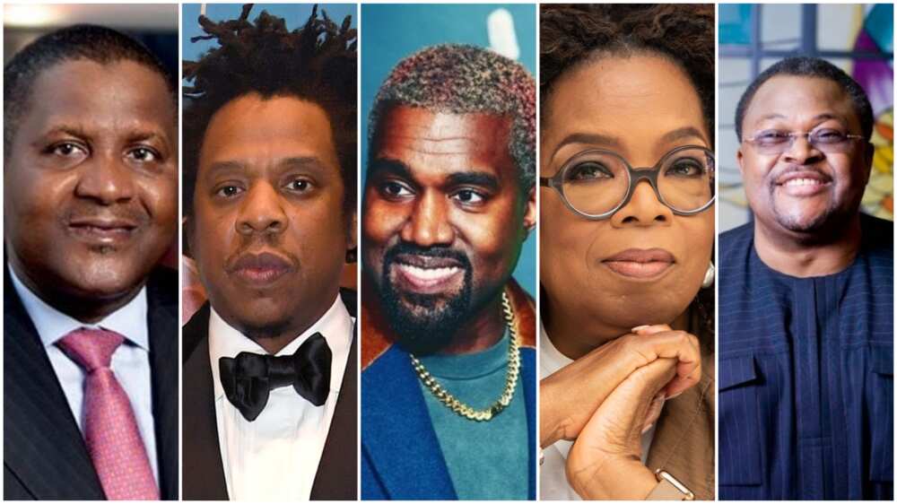 A collage of Dangote, Jay Z, Kanye, Oprah, Adenuga. Photo sources: PageSix/Nairametrics/HollywoodReporter
