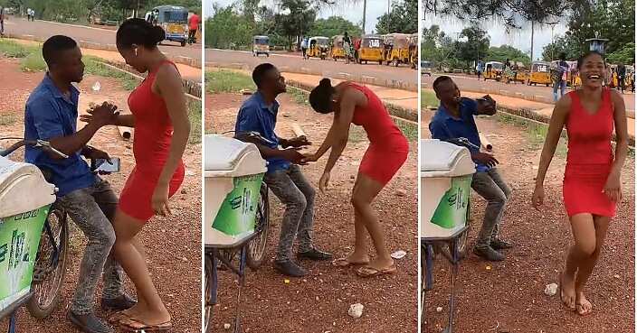Lady dances, whines waist, ice cream seller