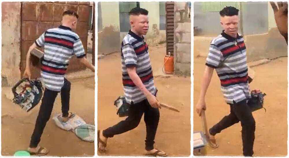 Photos of an albino who is a shoemaker. Photos of an albino who is a shoemaker.