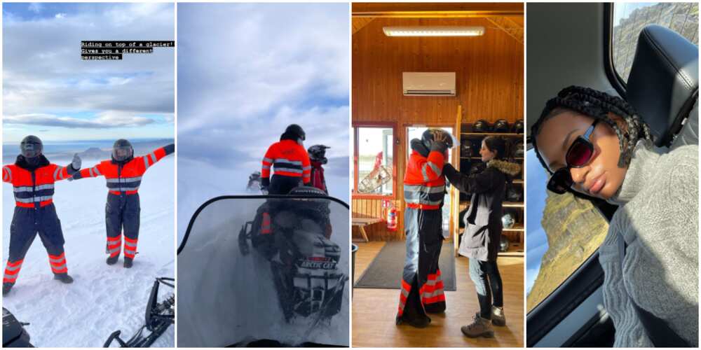 Billionaire vacation: Mr Eazi, Temi Otedola in Iceland, go snowmobiling, dining in a cave