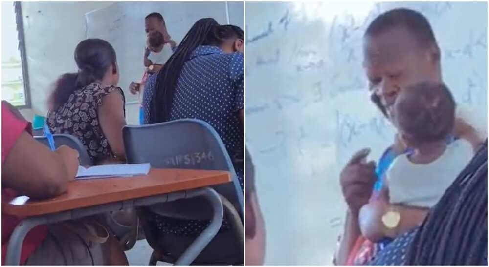 Photos of a lecture holding a baby during class.