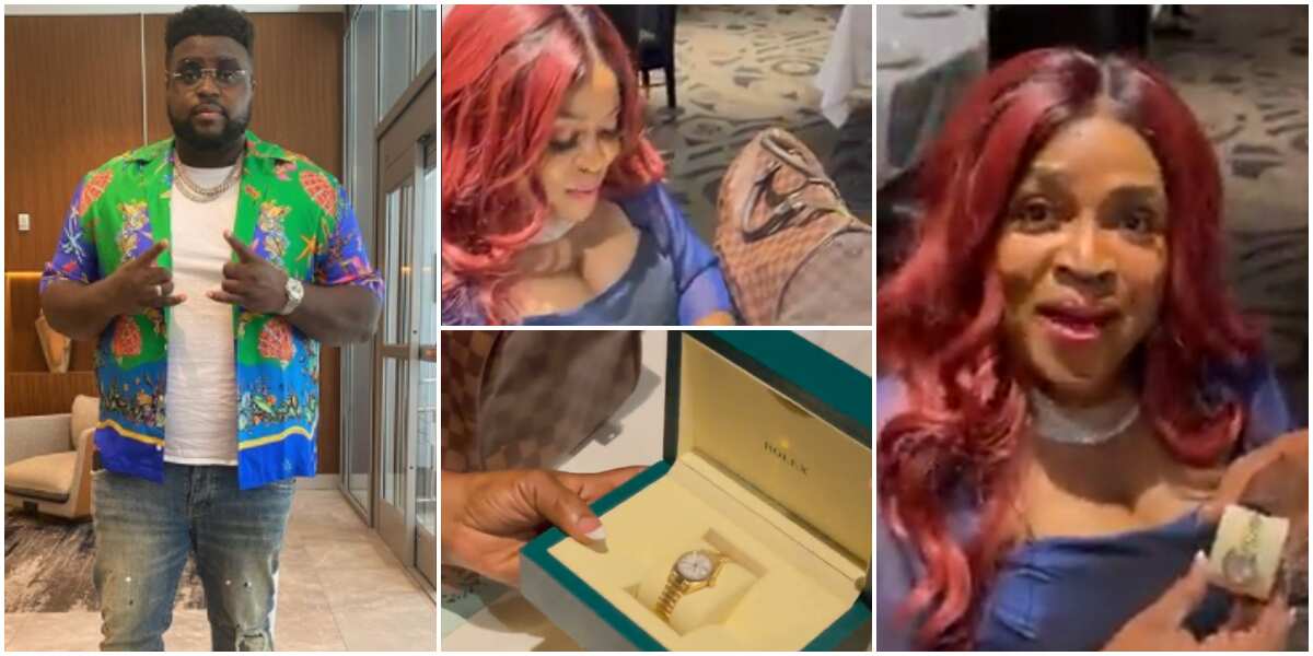 Davido's big brother Chairman HKN buys mum expensive Louis Vuitton bag and Rolex on her birthday