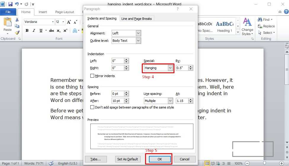 hagning indent word for mac