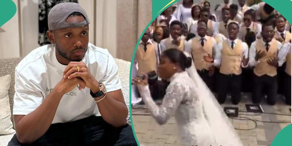 Chike reacts to Veekee James' leading choir on her wedding day.
