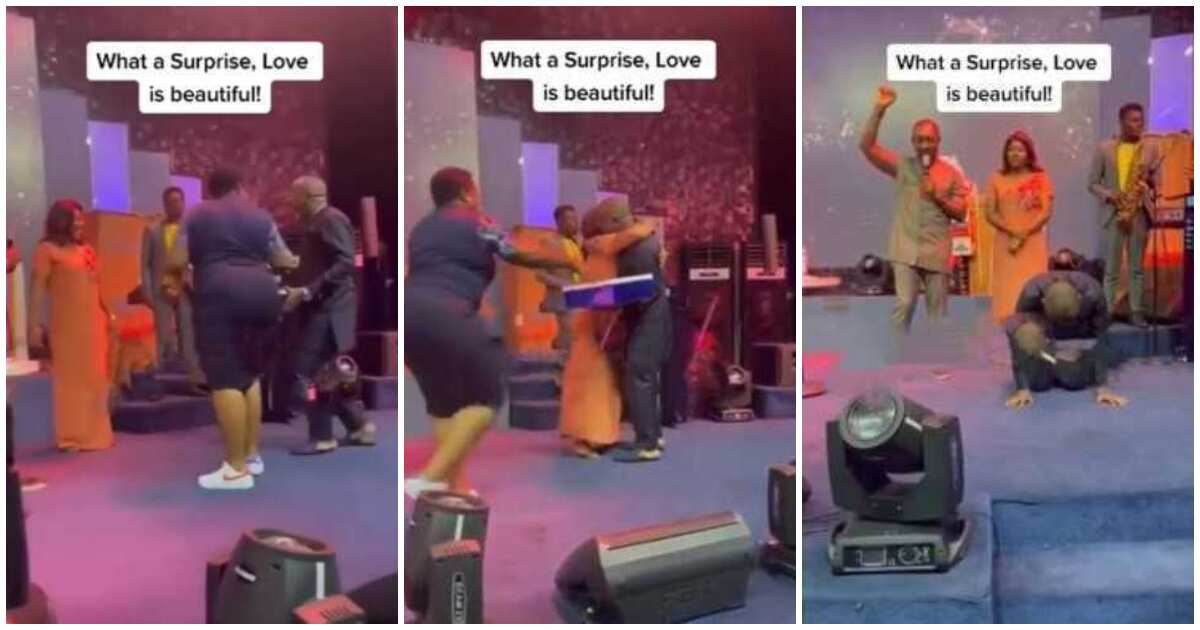 Pastor screams on the altar as wife surprises him on birthday in cute video, Nigerians gush