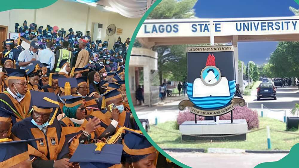 LASU students wearing blue and yellow graduation gowns (L). The entrance sign of Lagos State University (R)