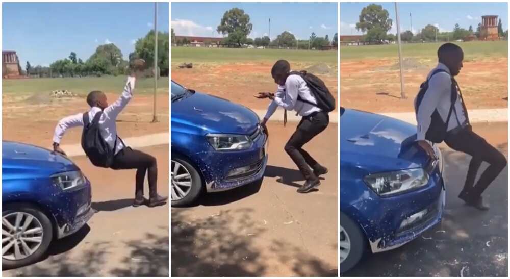 Photos of a young man in dancing posture in front of a car.