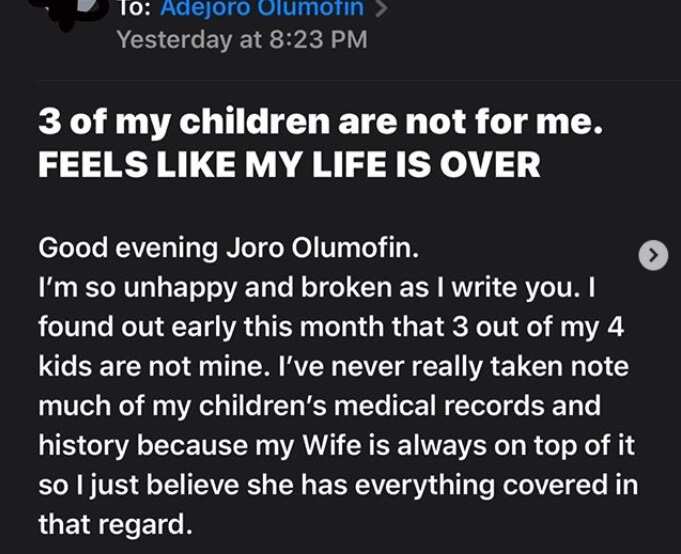 3 of my children are not for me.’- Nigerian man cries out