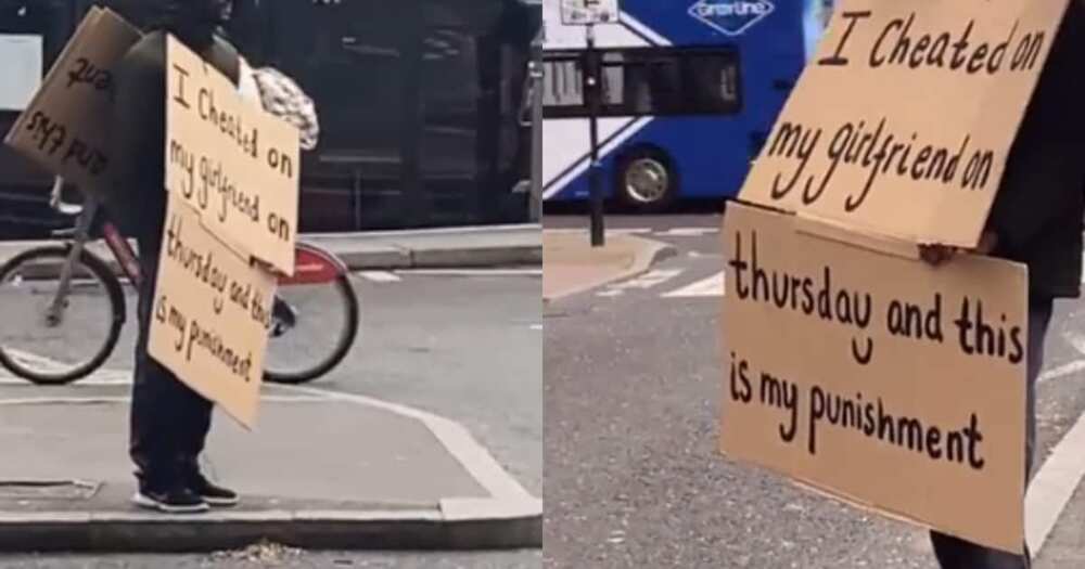 Girlfriend instructs boyfriend to wear a placard with his sins in public for cheating