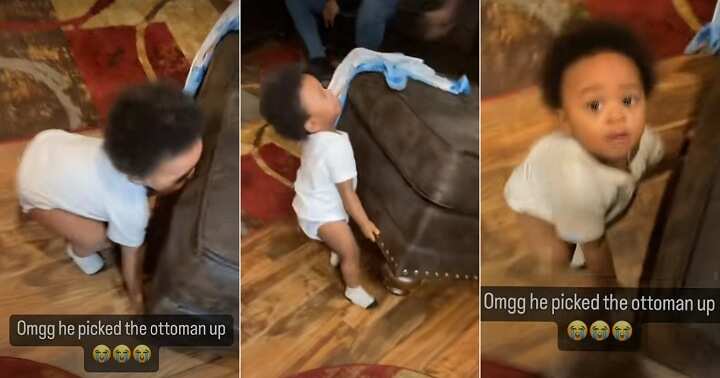 Little boy lifts couch, strong kid