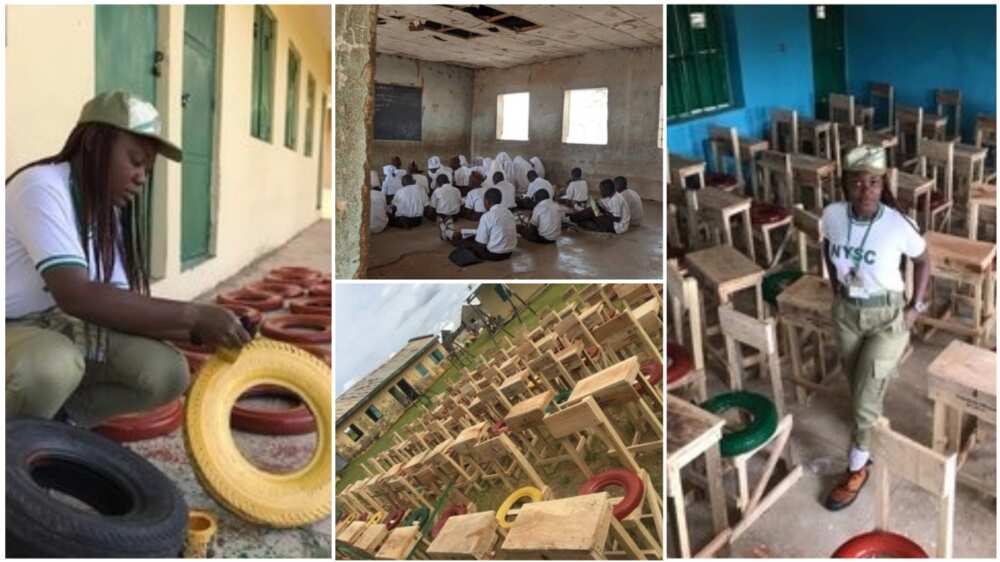 A collage showing the students on the floor and the new desks and chairs the corps made. 
Photo source: Twitter/LecheWinfred Maagawa