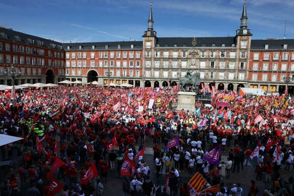 Thousands of people packed Madrid's landmark Plaza Mayor to demand higher pay Thousands of people packed Madrid's landmark Plaza Mayor to demand higher pay