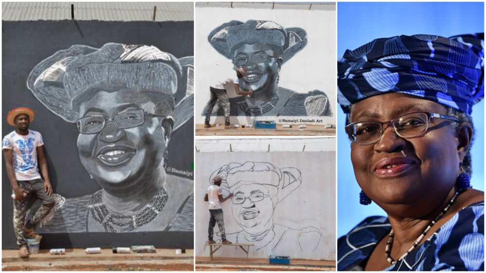 Young Nigerian man paints Okonjo Iweala with her ankara cloth on a big wall, photos of artwork go viral