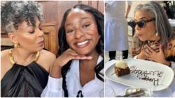 "See rich people cake, e small": Sweet photos as Femi Otedola, DJ Cuppy celebrate her mum Nana on her birthday