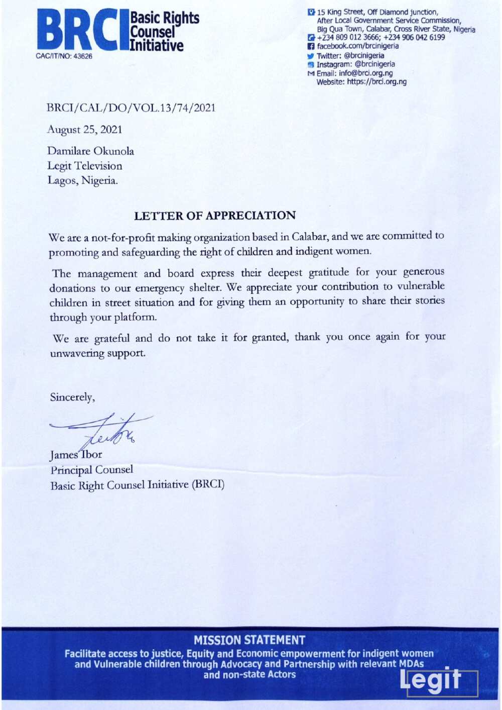 Letter of appreciation. Letter of appreciation.