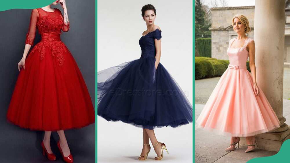 Red tea-length gown (L), navy blue tea length gown (C), and peach tea length gown (R)