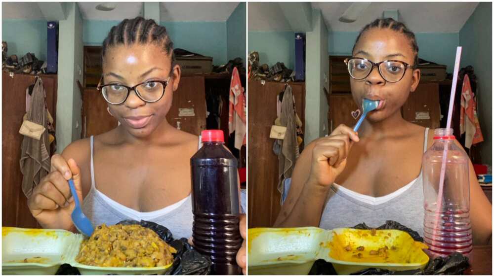 Nigerian lady causes massive stir after finishing plate of beans with 1 big bother of zobo