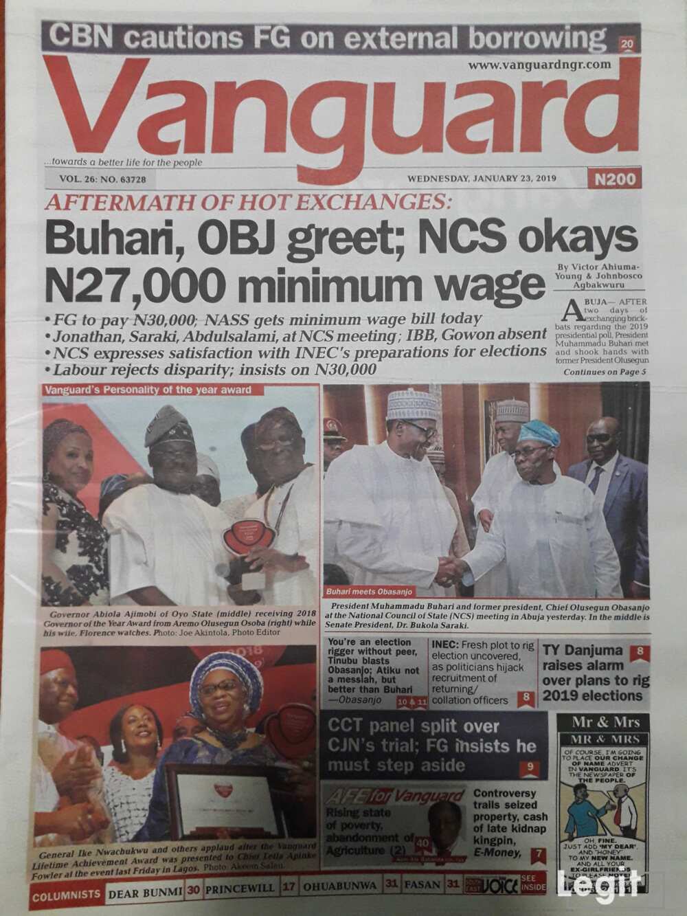 Nigerian Newspaper Vanguard for Wednesday, January 23