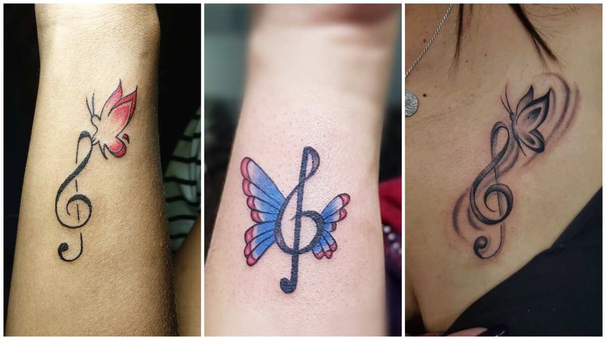 Butterfly music staff tattoo on the left inner wrist