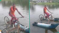 "It's actually working": Talented Bayelsa man builds bicycle that rides on water, uses it on river