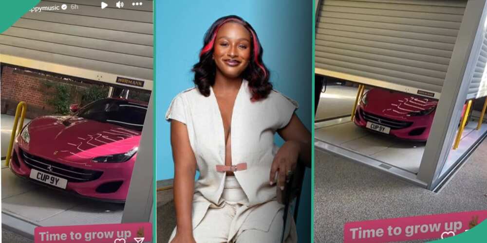 DJ Cuppy lets go of her pink Ferrari.