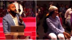 "The devil is a liar and God is in control": Banky W says in church, Adesua sighted in front row