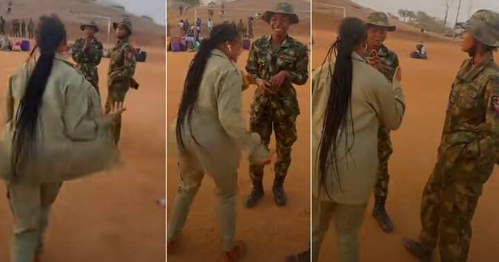 Watch sweet moment a bold corps member danced for two soldiers at NYSC orientation camp