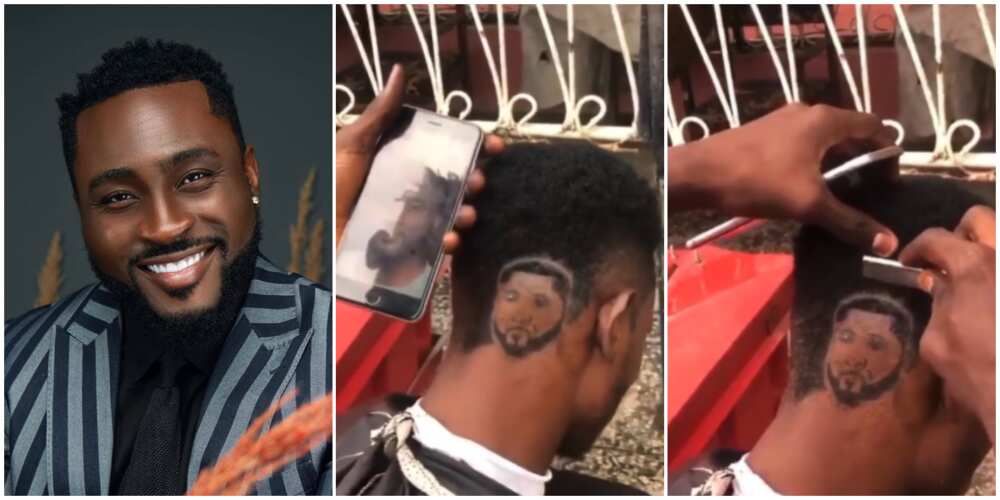 Barber carves out General Pere's face on customer's head. Barber carves out General Pere's face on customer's head.