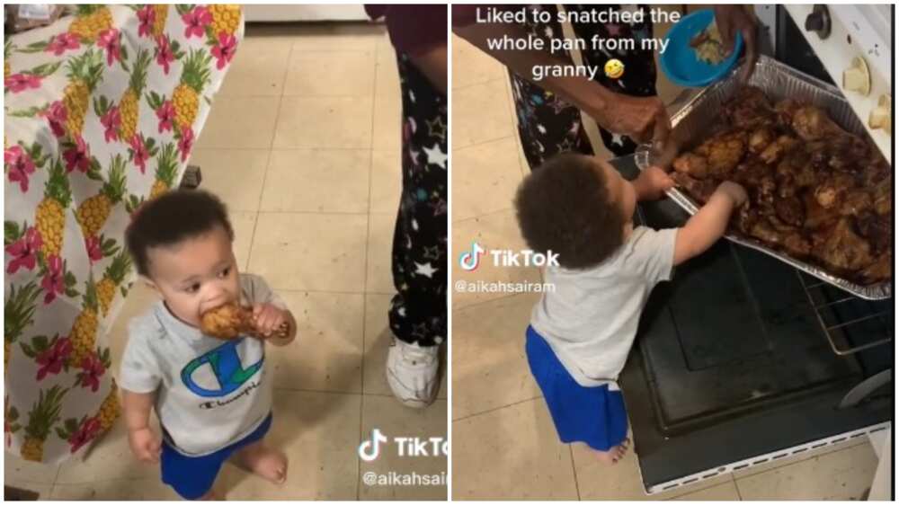 A baby without teeth steals chicken, struggles with it. Photo Source: Tiktok