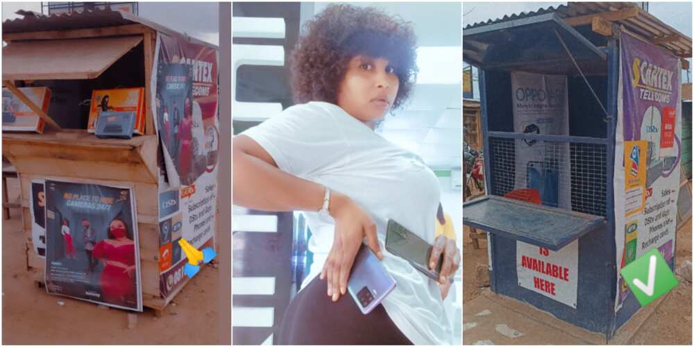Nigerian lady inspires social media users as she shares before and after photos of her kiosk
