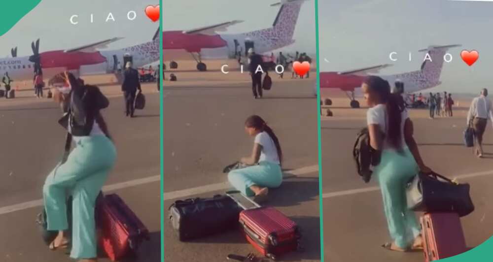 Lady falls while doing video at airport