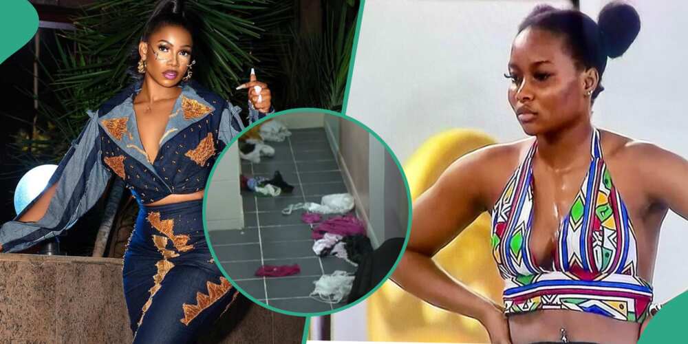 BBNaija Tacha, Ike throws Ilebaye's clothes on the floor. BBNaija Tacha, Ike throws Ilebaye's clothes on the floor.