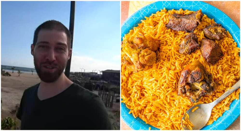 Photos of white man in Lagos and a plate of Jollof rice.