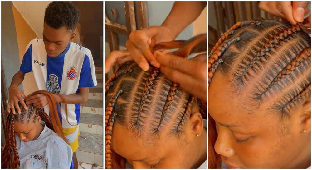 Photos of a young boy braiding a lady's hair.