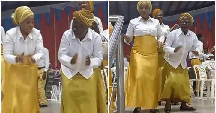 Lady and mother in law, dance together, church choristers