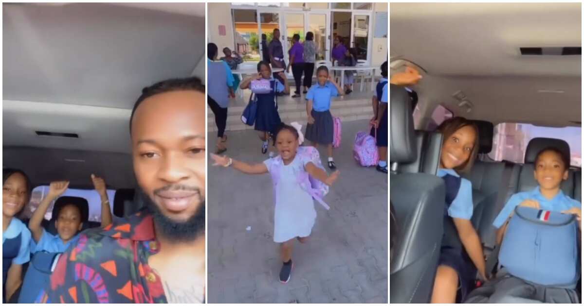 Check out funny reactions as Flavour picks daughters from school, they run to hug him in cute video