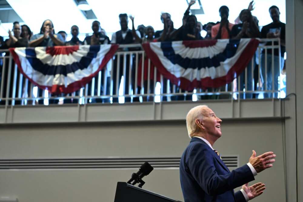 Students lined a balcony to see Biden give his speech