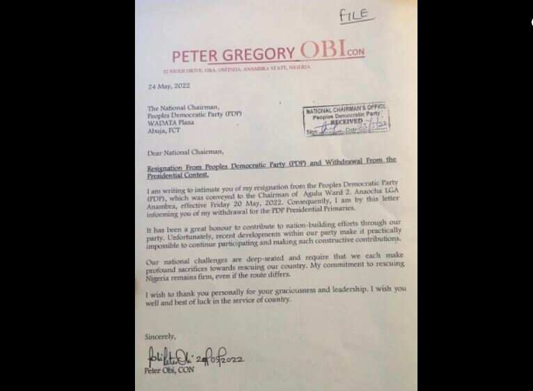 Peter Obi Resignation Letter, PDP, Presidential Primaries