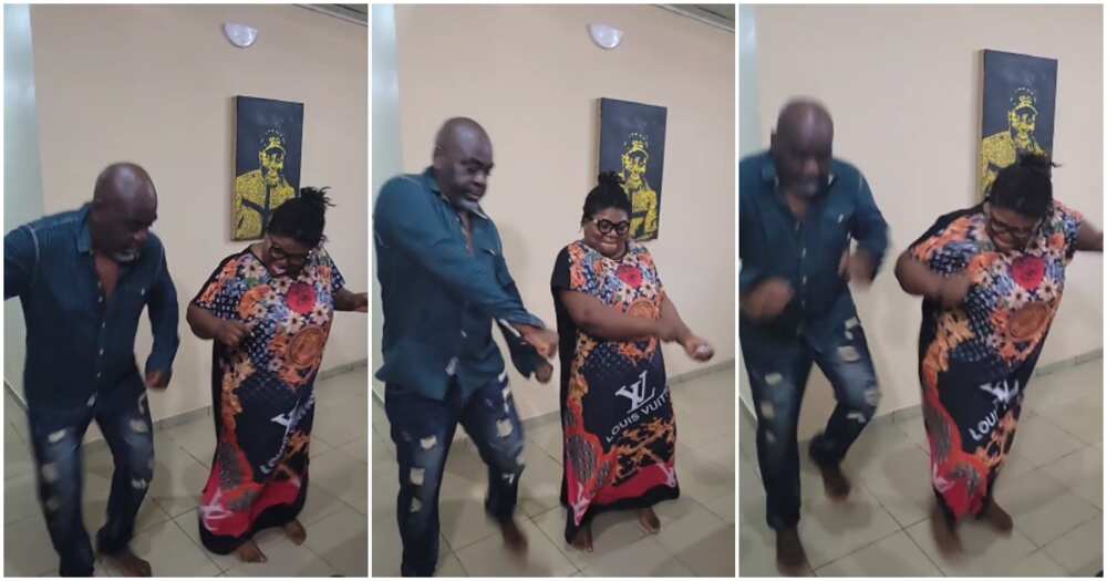 Actor Funsho Adeolu and wife Vicky dancing.