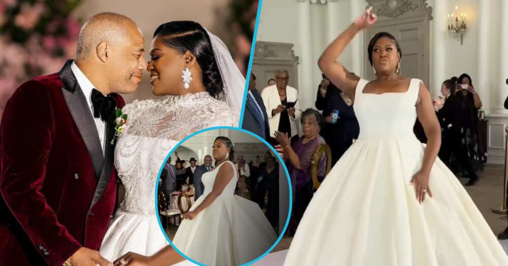 Black couple thrills guests at their wedding reception with dance moves.