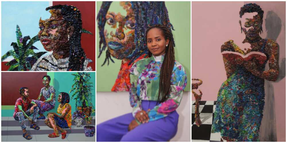 Nigerian lady turns Ankara fabric waste from tailors into great human artworks that will leave you speechless