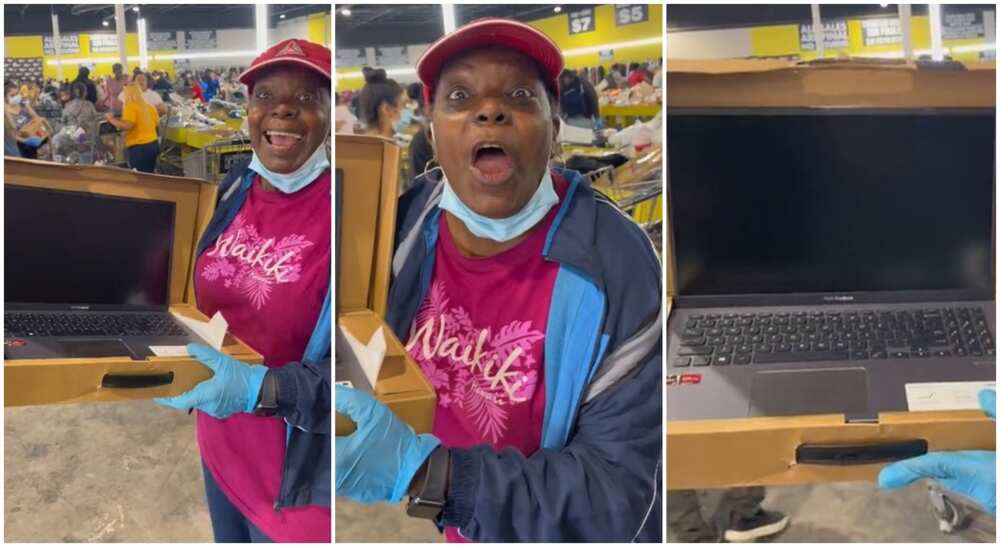 Photos of woman showing off laptop she bought for N3000.