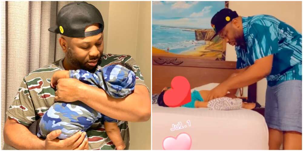 Tonto Dikeh’s Ex Olakunle Churchill changes baby's diaper.